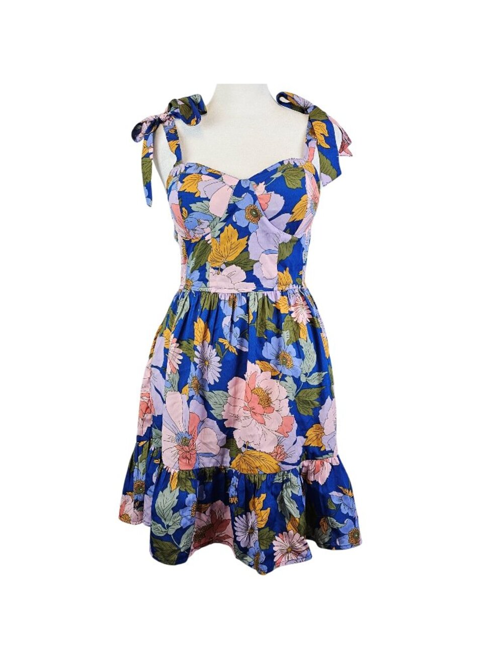 Floral Mini Short XS Blue Strappy Sweetheart Neck Smocked Pockets Summer